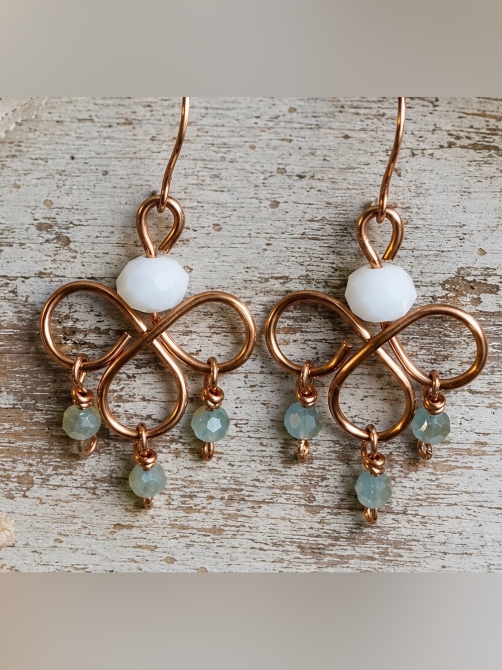 Copper Wire Loop Earrings with White and Blue Moon Beads
